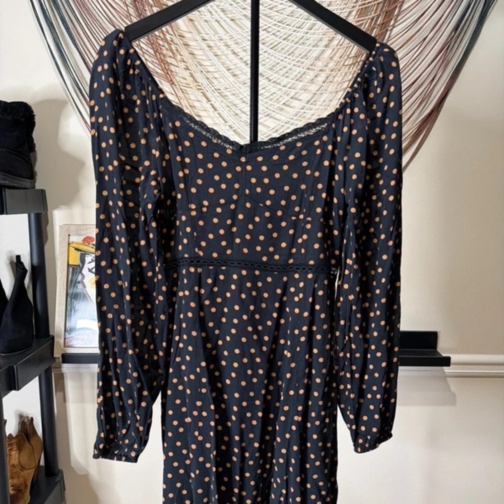 American Eagle Outfitters Black Dress with Tan Polka Dots - Long Sleeve